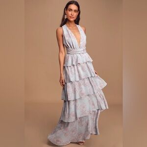 Blue Floral Print Ruffle Backless Maxi Dress